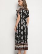 j&x Rochie Neagră tip cutie din Viscoză cu Model Etnic Mirosela