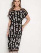 j&x Rochie Neagră tip cutie din Viscoză cu Model Etnic Mirosela