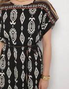 j&x Rochie Neagră tip cutie din Viscoză cu Model Etnic Mirosela