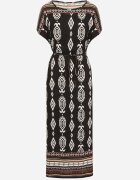 j&x Rochie Neagră tip cutie din Viscoză cu Model Etnic Mirosela