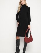 j&x Rochie Neagră Tricotată cu Bumbac cu Croială Dreaptă cu Guler Înalt Tesala