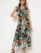 j&x Rochie Neagră-Verde cu decolteu petrecut cu imprimeu floral cu elastic în talie Fionessa