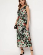 j&x Rochie Neagră-Verde cu decolteu petrecut cu imprimeu floral cu elastic în talie Fionessa