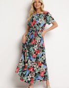j&x Rochie Negru-Verde din Viscoză cu Flori Evazată Legată în Talie Quilbia