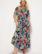 j&x Rochie Negru-Verde din Viscoză cu Flori Evazată Legată în Talie Quilbia