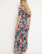 j&x Rochie Negru-Verde din Viscoză cu Flori Evazată Legată în Talie Quilbia