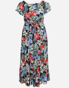 j&x Rochie Negru-Verde din Viscoză cu Flori Evazată Legată în Talie Quilbia