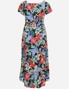 j&x Rochie Negru-Verde din Viscoză cu Flori Evazată Legată în Talie Quilbia