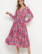 j&x Rochie Plisată Roz închis cu elastic în talie și cu model Paisley Carella