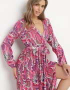 j&x Rochie Plisată Roz închis cu elastic în talie și cu model Paisley Carella
