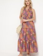 j&x Rochie Portocalie Cambrată Florală cu elastic în talie și legătură la gât Lusaria