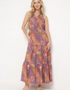 j&x Rochie Portocalie Cambrată Florală cu elastic în talie și legătură la gât Lusaria