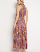 j&x Rochie Portocalie Cambrată Florală cu elastic în talie și legătură la gât Lusaria