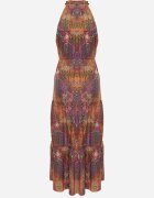 j&x Rochie Portocalie Cambrată Florală cu elastic în talie și legătură la gât Lusaria