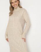 j&x Rochie Pulover Bej Deschis cu guler înalt din lână și bumbac Decorată cu un model împletit Reiania