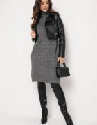 j&x Rochie pulover gri închis cu Lână Bumbac și Guler înalt cu Croi tip cutie Akenavia
