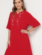 j&x Rochie Roșie tip Cutie cu nasturi și broderii decorative Jenivanea