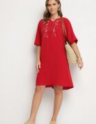 j&x Rochie Roșie tip Cutie cu nasturi și broderii decorative Jenivanea