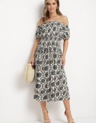 j&x Rochie spaniolă Gri-Bej din Viscoză cu Elastic în Talie și la Mâneci Yilalama