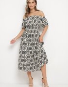 j&x Rochie spaniolă Gri-Bej din Viscoză cu Elastic în Talie și la Mâneci Yilalama