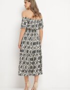 j&x Rochie spaniolă Gri-Bej din Viscoză cu Elastic în Talie și la Mâneci Yilalama