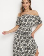 j&x Rochie spaniolă Gri-Bej din Viscoză cu Elastic în Talie și la Mâneci Yilalama