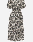 j&x Rochie spaniolă Gri-Bej din Viscoză cu Elastic în Talie și la Mâneci Yilalama