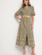 j&x Rochie tip cămașă Verde închis Din bumbac cu centură decorativă și broderie Evialisse