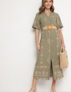 j&x Rochie tip cămașă Verde închis Din bumbac cu centură decorativă și broderie Evialisse