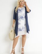 j&x Rochie Trapezoidală Midi în Bleumarin și Alb din Bumbac cu Flori și Bolero Elephira