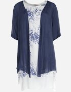 j&x Rochie Trapezoidală Midi în Bleumarin și Alb din Bumbac cu Flori și Bolero Elephira