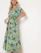 j&x Rochie Verde-Albastră din Viscoză cu Imprimeu Floral Evazată Legată în Talie Quilbia