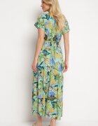 j&x Rochie Verde-Albastră din Viscoză cu Imprimeu Floral Evazată Legată în Talie Quilbia