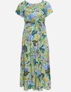 j&x Rochie Verde-Albastră din Viscoză cu Imprimeu Floral Evazată Legată în Talie Quilbia