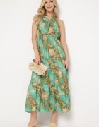 j&x Rochie Verde Cintrată Florală cu elastic în talie și legătură la gât Lusaria