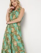 j&x Rochie Verde Cintrată Florală cu elastic în talie și legătură la gât Lusaria