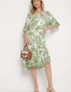 j&x Rochie Verde cu croi tip cutie cu șnur la decolteu cu model vegetal Mirionela