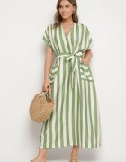 j&x Rochie Verde cu Vâscoză și Curea cu dungi Nerire