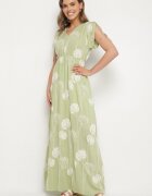 j&x Rochie Verde din Viscoză cu Broderii Lumiene