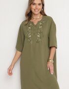 j&x Rochie verde închis Dreaptă cu nasturi și broderii decorative Jenivanea