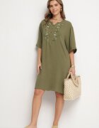 j&x Rochie verde închis Dreaptă cu nasturi și broderii decorative Jenivanea