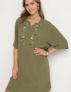 j&x Rochie verde închis Dreaptă cu nasturi și broderii decorative Jenivanea