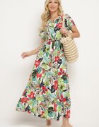 j&x Rochie Verde-Roz din Viscoză cu Imprimeu Floral Cloș Cu cordon în talie Quilbia