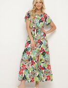 j&x Rochie Verde-Roz din Viscoză cu Imprimeu Floral Cloș Cu cordon în talie Quilbia