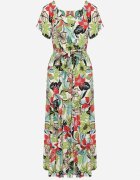 j&x Rochie Verde-Roz din Viscoză cu Imprimeu Floral Cloș Cu cordon în talie Quilbia