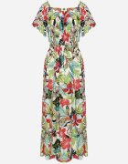 j&x Rochie Verde-Roz din Viscoză cu Imprimeu Floral Cloș Cu cordon în talie Quilbia