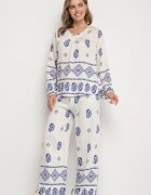 j&x Set Alb-Bleu în Stil Rustic Bluză Lejeră și Pantaloni din Viscoză Emilaris