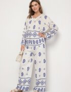 j&x Set Alb-Bleu în Stil Rustic Bluză Lejeră și Pantaloni din Viscoză Emilaris