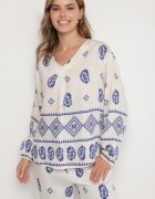 j&x Set Alb-Bleu în Stil Rustic Bluză Lejeră și Pantaloni din Viscoză Emilaris