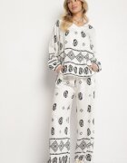 j&x Set Alb-Negru în Stil Rustic Bluză Lejeră și Pantaloni din Viscoză Emilaris